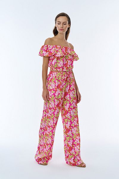 Quzu Fuchsia Colored Flower Patterned Elastic Waist Trousers