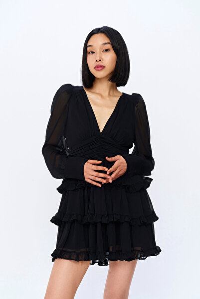 Quzu Rochie mini neagră - Fără spate, mâneci lungi din tul