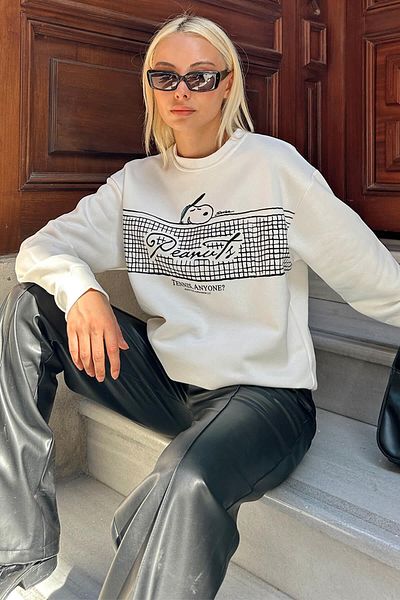 Swist Weißes Damen-Sweatshirt mit Tennis-Print und Baumwolle innen