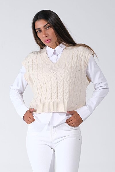 Keyifli Moda Kadın Beyaz V Yaka Crop Saç Örgü Triko Süveter