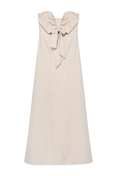 Quzu Dekolteli Straplez Keten Elbise Naturel