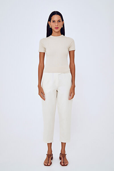Quzu Natural Collared Trousers with High Waist and Label Detail