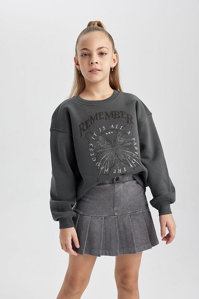 DeFacto Thick and Printed Girl's Sweatshirt - Crew Neck B7817A823Wn
