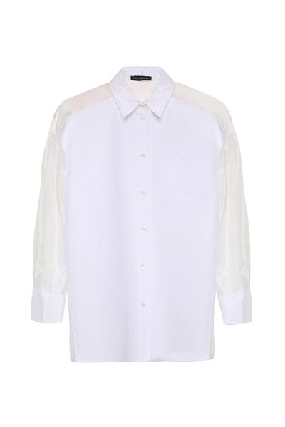 Quzu White Oversize Shirt - Organza Sleeve Detail