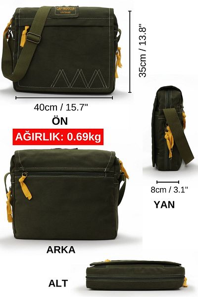 Cappadocia Vintage Ephesus 4009 - Χακί Πράσινη Vintage Βαμβακερή τσάντα, Casual Shoulder Messenger για φορητό υπολογιστή 15,6 ιντσών, Σχολείο και ταξίδια