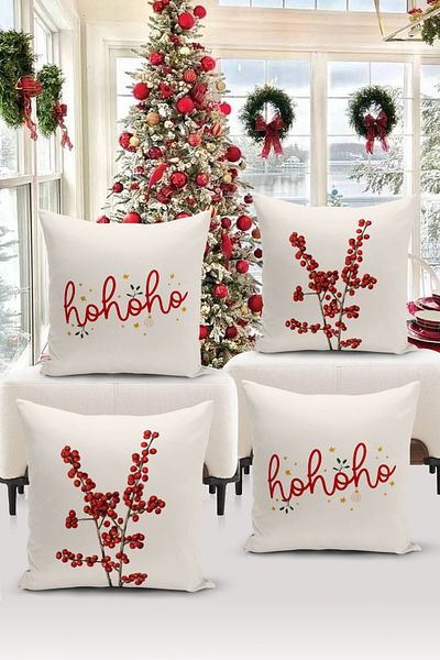 Bertille Home New Year Series - Double Sided Digital Printed 4-Piece Throw Pillow Cover Set (Christmas Christmas Cushion Cover)