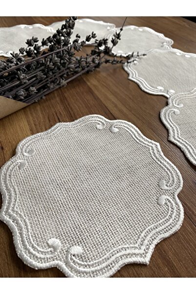 NURHAN HOME COLLECTION 6 Adet Curly Modeli Ekru Renk Nakışlı Kahve Yanı Kokteyl Sunum Peçete