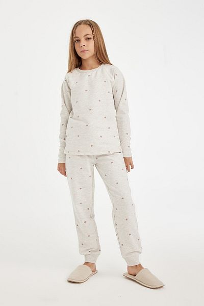DeFacto Girls' Pajamas Set Heart Printed Crew Neck Long Sleeve Top Long Bottom D3728A824Au