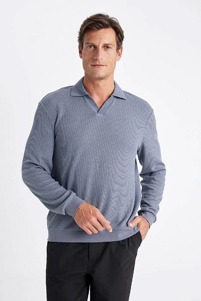 DeFacto Μπλε φούτερ με κανονική εφαρμογή Polo Neck Jacquard Knitwear A9785ax24au