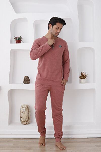 ERDENİZ TEKSTİL Men's Pajama Set - Button Collar, Cotton, Long Sleeve, Pocket, Elastic Sleeves and Feet (Autumn-Winter)