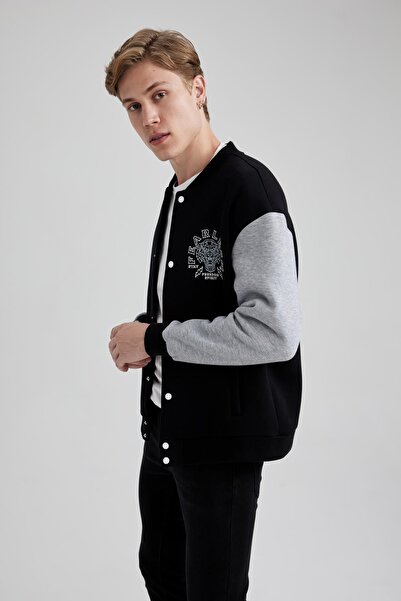 DeFacto Animal Print, Soft Feather, College Collar Bomber Cardigan - Wide Fit B1179Ax23Au