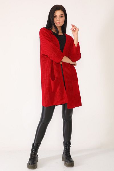 Devinka Red Oversize Knitwear Cardigan - Long Pocket