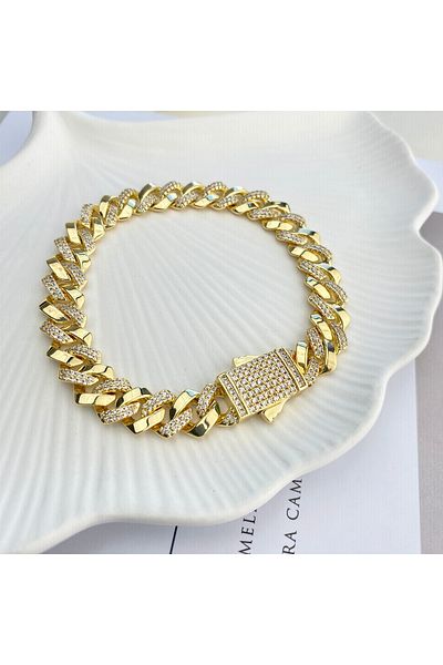 Kyver Gourmet Bracelet Full Round Zircon Stone Thick Chain Steel Tarnish Free Xuping 14K Gold 20cm