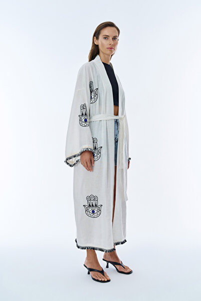 Quzu Kimono lung din in - Broderie Detaliată și Naturală