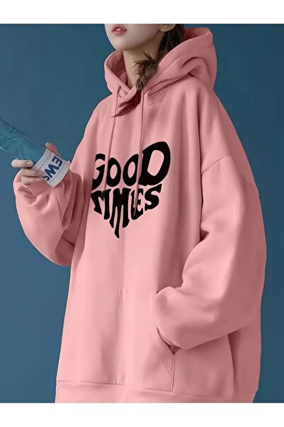PALPİTO Ružičasta majica s kapuljačom Good Times Štampano za žene - 3 niti K ...