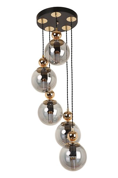 MŞ Aydınlatma Misket 5-Piece Black Gold Smoked Glass Pendant Lamp Chandelier