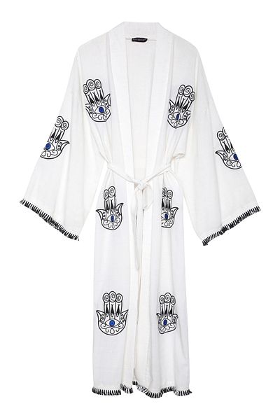 Quzu Long Linen Kimono - Embroidery Detailed and Natural