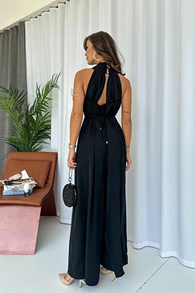 Mine Tan Butik Σατέν Γυναικεία Ολόσωμη φόρμα - Μαύρη, Λεπτομέρεια γραβάτας μπροστά