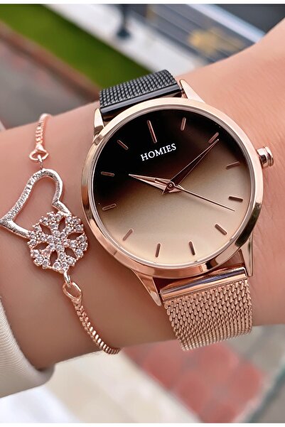 Homies Brand Rose Black Color Waterproof Women's Wristwatch - With Bracelet Gift