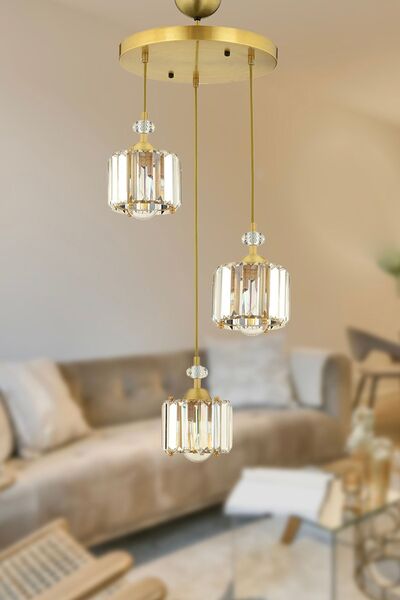 Apliqa Bonita Eskitme 3 Lü Yuvarlak Kristalli Taşlı Modern Tasarım Kristal Salon Sarkıt Avize