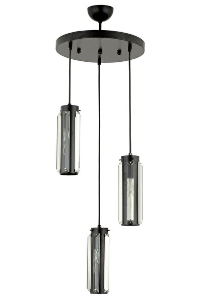 Apliqa Natali 3 Lü Siyah Kristalli, Taşlı Modern Tasarım Kristal Salon Sarkıt Avize