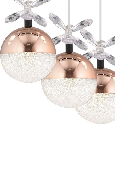 Apliqa Lokken 5'li Sıralı Bakır 50 Watt Kristal Ledli Modern Oturma Odası Salon Sarkıt Avize