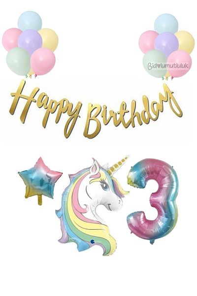 BİDOLUMUTLULUK Unicorn Balloon Calligraphy Happy Birthday Age Balloon Set