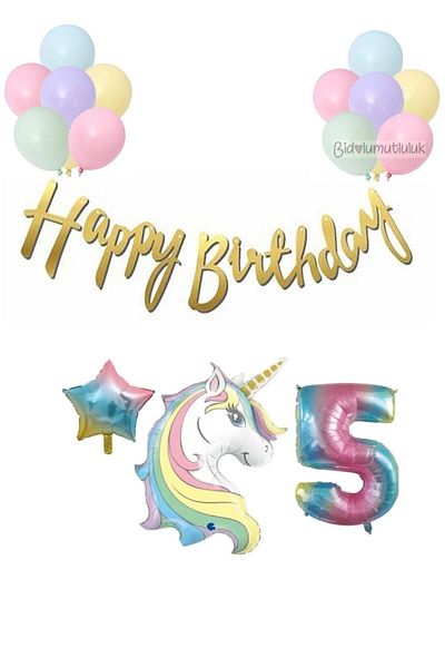 BİDOLUMUTLULUK Unicorn Patterned Happy Birthday Calligraphy and Balloon Set