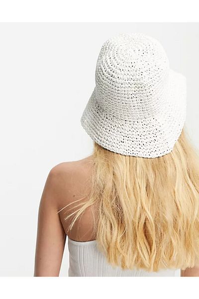 FELLMENS White Knitted Straw Bucket Women's Hat