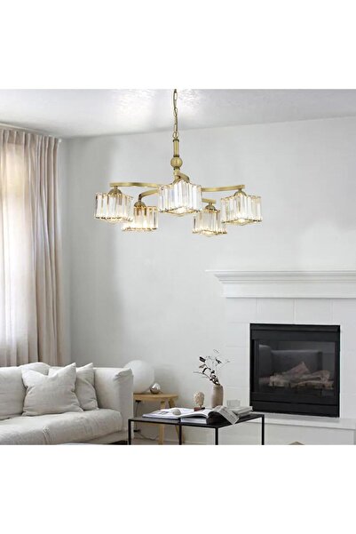 Apliqa Rima 5 Kollu Eskitme Kristalli Taşlı Modern Tasarım Salon-Yatak Odası Kristal Salon Avize