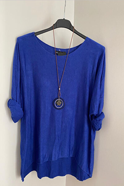 AYASOFYA OTANTIK Bluză din tricotaje casual Saks albastră pentru femei cu accesorii pentru colier