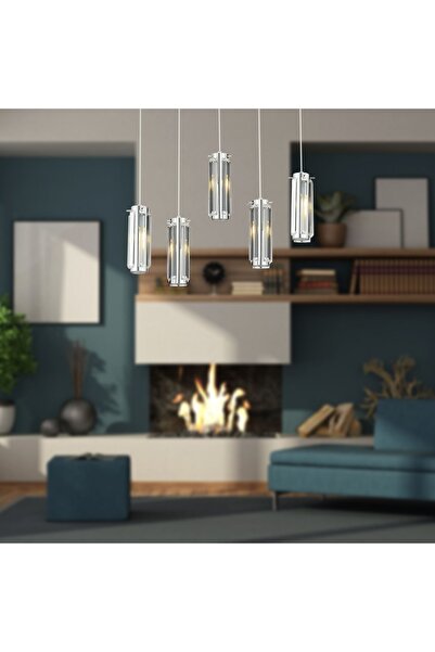 Apliqa NATALİ 5Lİ SIRALI KROM SARKIT SALON- YEMEK MASASI AVİZE