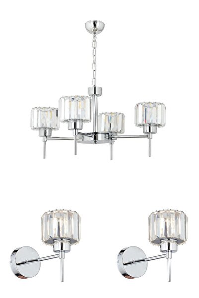 Apliqa Sadem 4 Lü Krom Kaplama 3 Parça Kristalli Taşlı Modern Tasarım Kristal Salon Avize-Aplik Seti