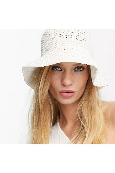 FELLMENS White Knitted Straw Bucket Women's Hat