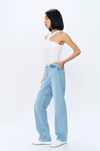 Quzu Renkli Bel Detaylı Geniş Paça Kot Pantolon Mavi