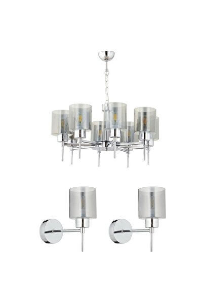 Apliqa Cemre 8'Li Krom Modern Tasarım Yatak Odası Salon Avize-Aplik Seti 3 Pa...
