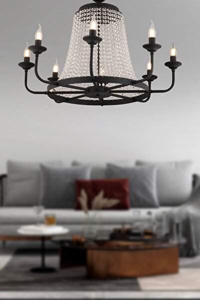 Apliqa Carnation 8'li Siyah Kristalli Taşlı Modern Tasarım Kristal Salon Avize