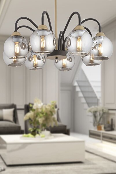 Apliqa Ulrika 8'li Siyah Eskitme Füme Camlı Modern Mutfak Yatak Odası Salon Avize