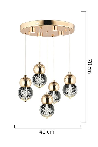 Apliqa Sasha 5'li Yuvarlak 3 Renkli 57 Watt Gold Kristal Ledli Modern Oturma Odası Salon Sarkıt Avize