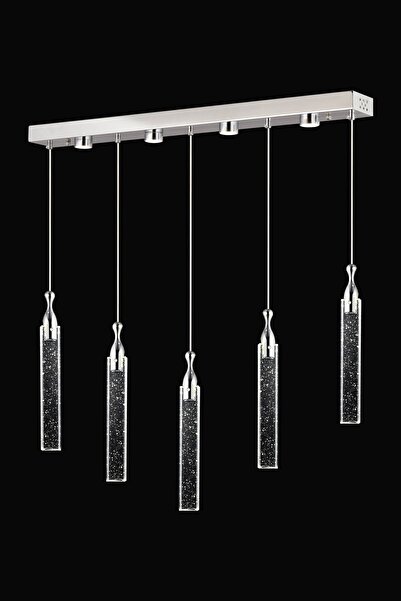 Apliqa Klaus 5'li Sıralı 3 Renkli 75 Watt Krom Kristal Ledli Modern Oturma Odası Salon Sarkıt Avize
