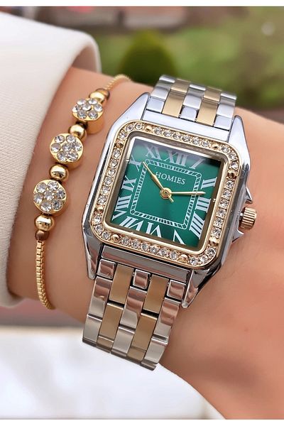 Homies Brand Yellow Silver Color Square Waterproof Women's Wristwatch - With Bracelet Gift
