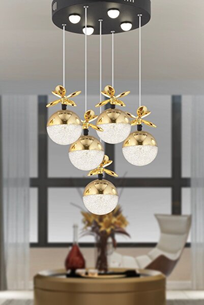 Apliqa Lokken 5'li Yuvarlak 50 Watt Gold Kristal Ledli Modern Oturma Odası Salon Sarkıt Avize