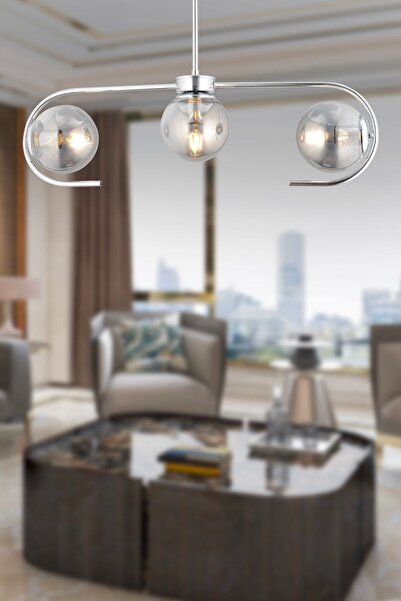 Apliqa Diaspor 3lü Sıralı Krom Füme Camlı Modern Sarkıt Genç Odası Yatak Odası Retro Salon Avize