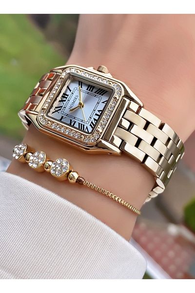 Homies Brand Gold Color Square Waterproof Women's Wristwatch - With Bracelet Gift