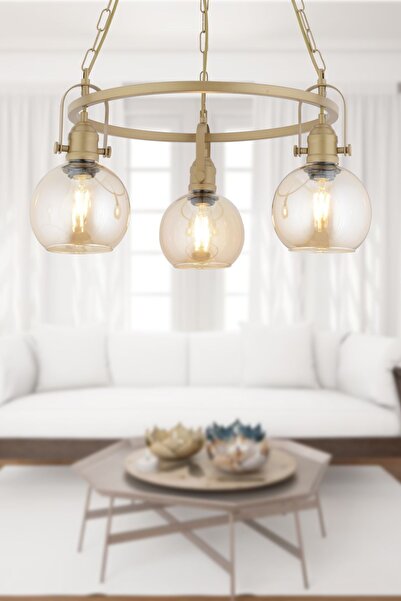 Apliqa Cherish 3'lü Yuvarlak Eskitme Bal Camlı Modern Oturma Odası Salon Avize