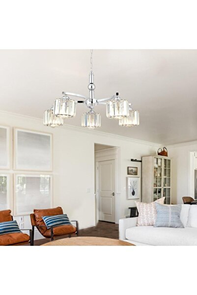 Apliqa Amir 5 Kollu Krom Kaplama Kristalli Taşlı Modern Tasarım Kristal Salon Avize