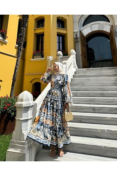 CHQEL Linen Double-breasted Blouse and Flared Skirt - Hijab Double Set