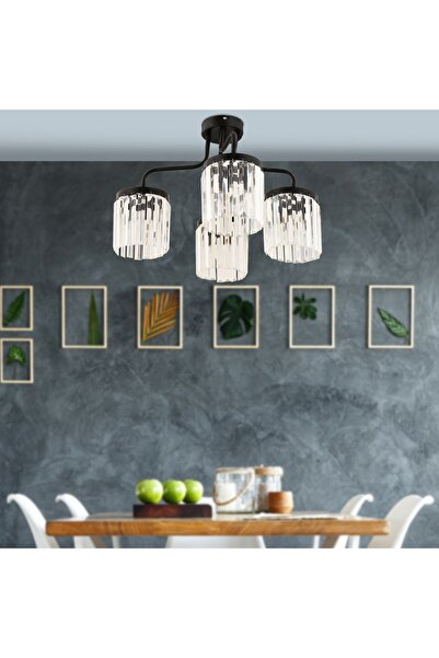 Apliqa Ayan 4Lü Siyah Kristalli Taşlı Modern Tasarım Kristal Salon Avize