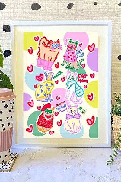 Hello Melody Design Baskı Koleksiyonundan "CAT MOM" Baskısı - Beyaz Çerçeveli