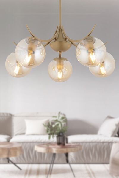 Apliqa Germaine 5'li Yuvarlak Eskitme Bal Camlı Modern Oturma Odası Salon Avize